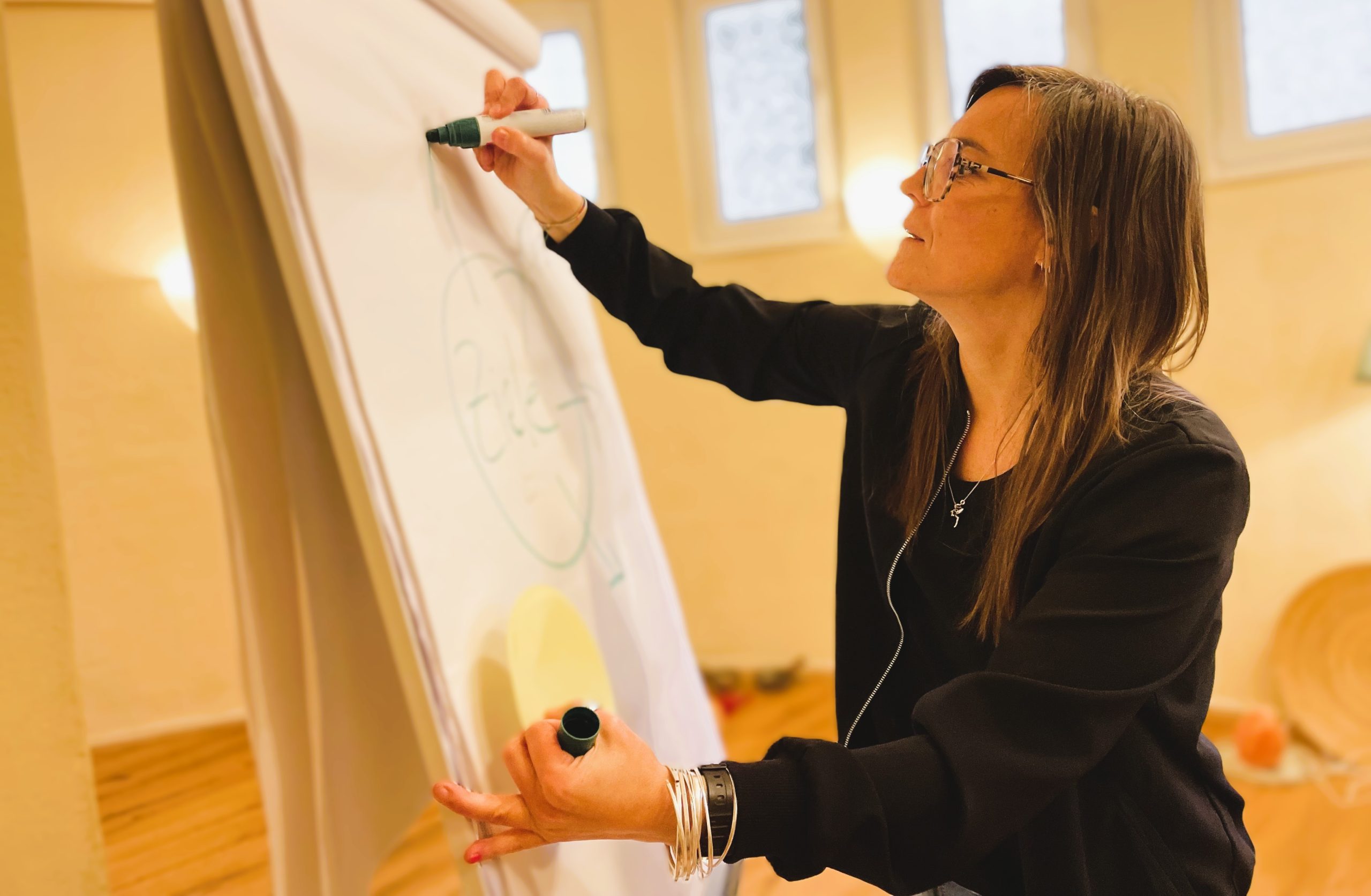 Frau schreibt an Flipchart